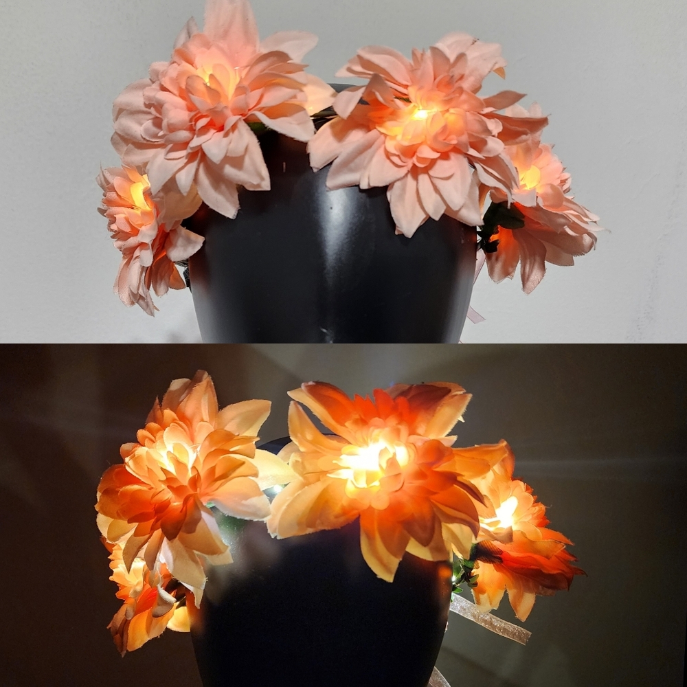 Peachy Pink Flower Crown Hair Wreath Headband Accesory LED Light-Up Dahlia